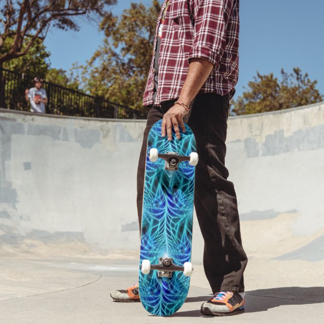 Electric Blue Neon Fractal Repeating Pattern Skateboard (Outdoor 2)