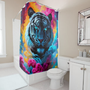 Electric Blue Neon Snow Tiger Portrait Shower Curtain