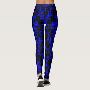 Electric Blue On Black Floral Swirls Damask Leggings