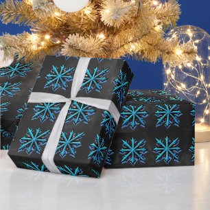 Electric Blue Ornate Snowflakes Black Christmas Wrapping Paper