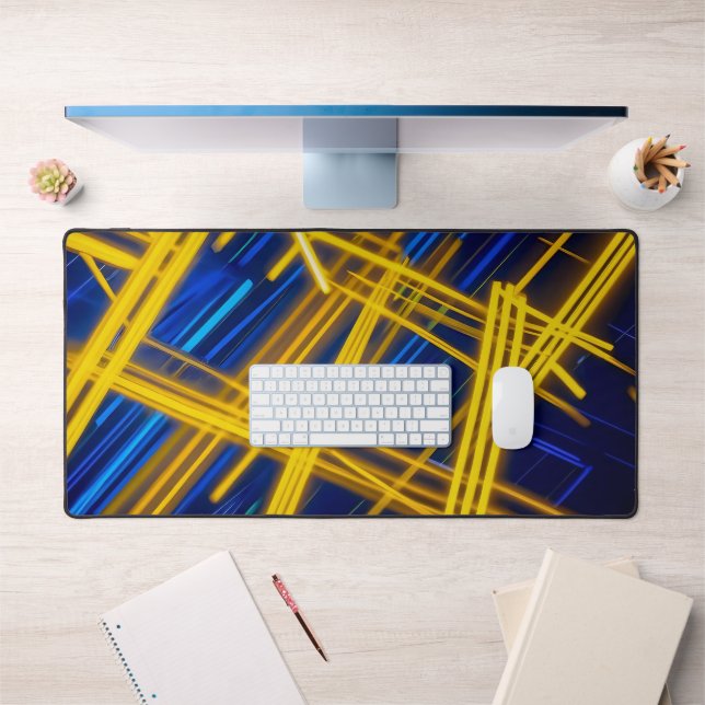Electric Blue Yellow Glowing Futuristic Line Art Desk Mat (Office 1)