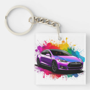 Electric Car with Vibrant Colour Splashes Key Ring
