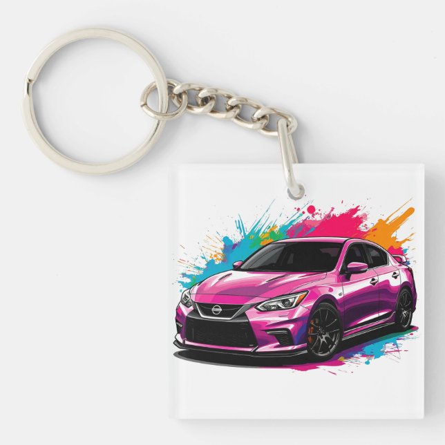 Electric Car with Vibrant Colour Splashes Key Ring (Front)