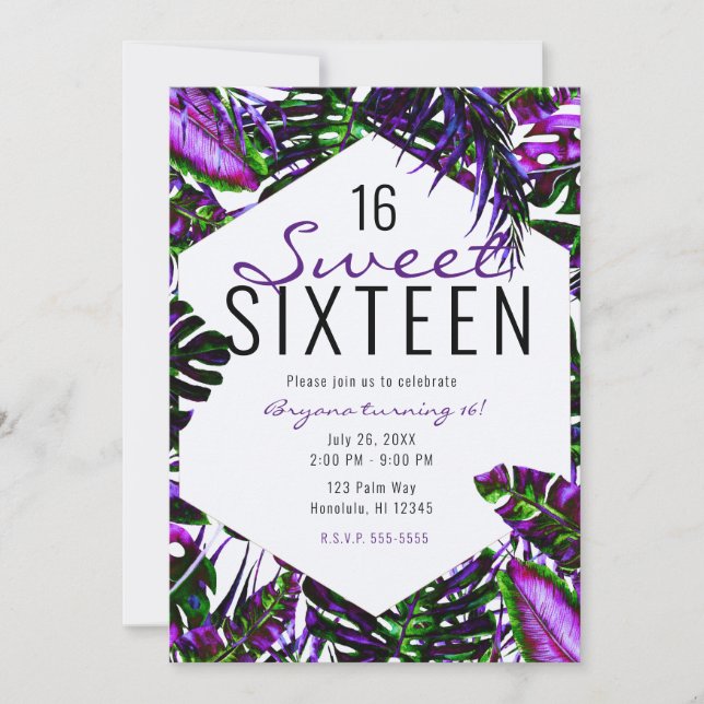 Electric Colour Pop Tropical Palm Leaves Sweet 16  Invitation (Front)