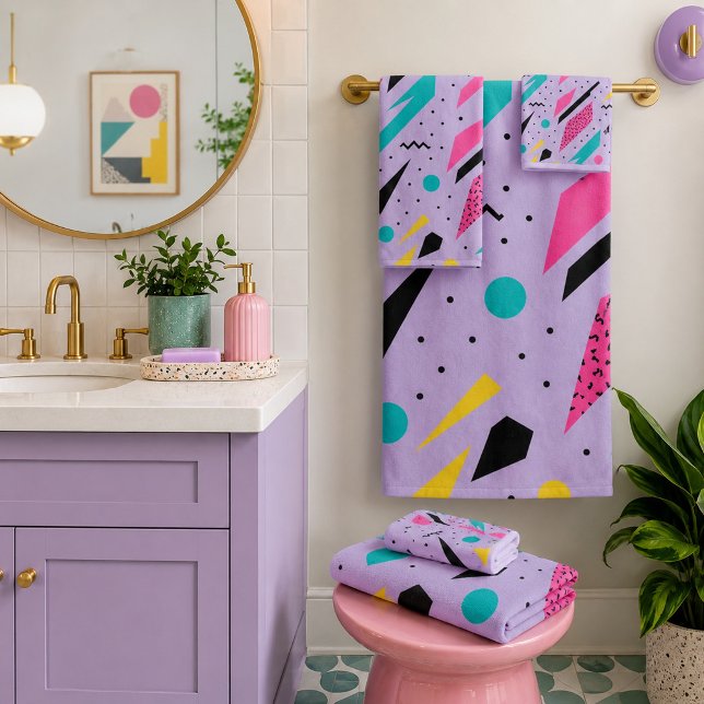 Electric Dreamscape Memphis Neon Retro Geometric Bath Towel Set (Creator Uploaded)