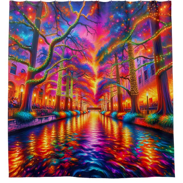 Electric Dreamscape: San Antonio Riverwalk  Shower Curtain (Front)