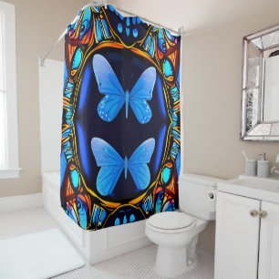 Electric Elegance: Neon Blue Butterflies Bathroom Shower Curtain
