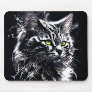 Electric Fractal Black Cat Mouse Pad
