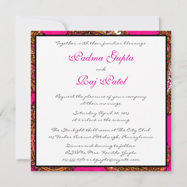 Electric Fuscia Paisley Wedding Invitation (Back)