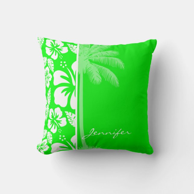 Electric Green Tropical Hibiscus; Palm Cushion (Front)