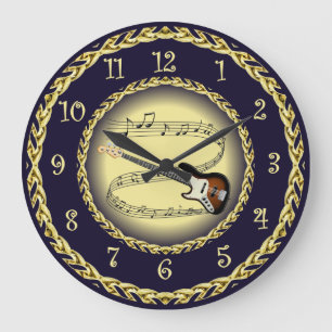 Electric Guitar 01 ~ Musical Scroll/Gold/Navy Blue Large Clock