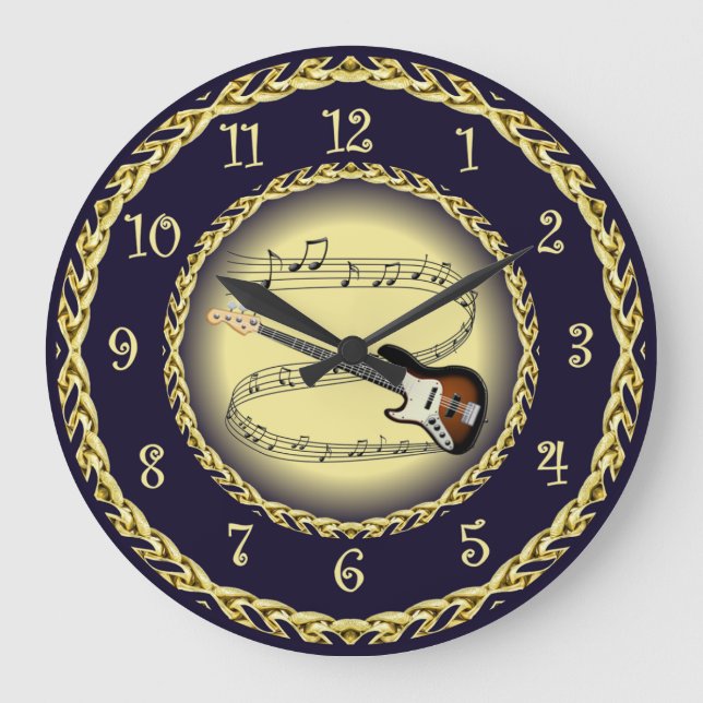 Electric Guitar 01 ~ Musical Scroll/Gold/Navy Blue Large Clock (Front)