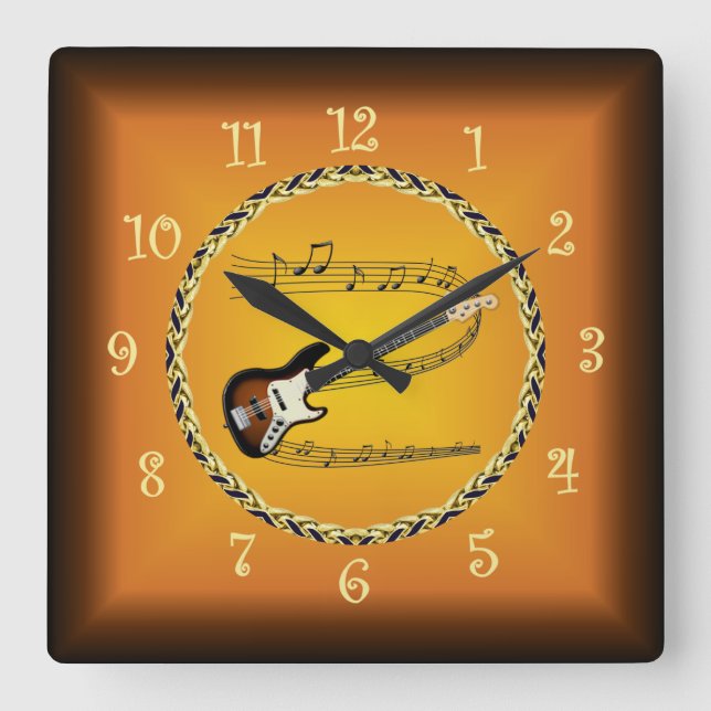 Electric Guitar 01 Musical Scroll & Russet Orange~ Square Wall Clock (Front)