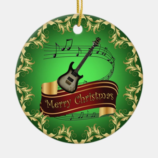 Electric Guitar 02-Musical Scroll-Merry Christmas~ Ceramic Tree Decoration (Front)