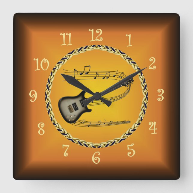 Electric Guitar 02 Musical Scroll & Russet Orange  Square Wall Clock (Front)