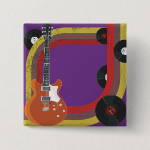 Electric Guitar and Vinyl Records Vintage Music 15 Cm Square Badge