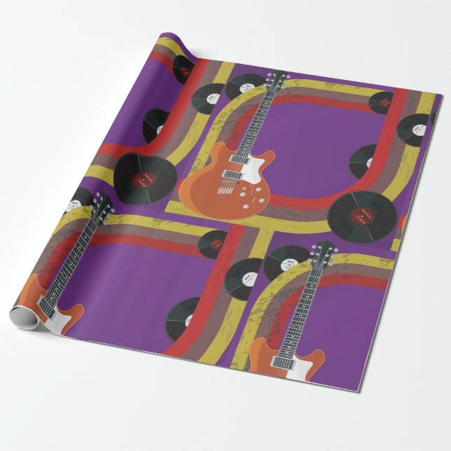 Electric Guitar and Vinyl Records Vintage Music Wrapping Paper (Unrolled)