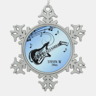 Electric Guitar Blue Personal Name and Date Snowflake Pewter Christmas Ornament