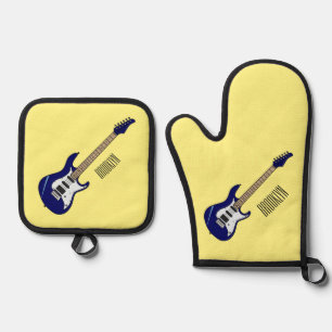 Electric guitar cartoon illustration oven mitt & pot holder set