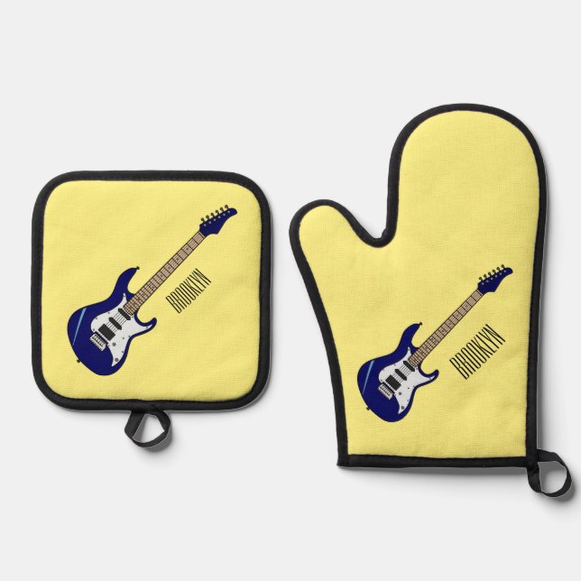 Electric guitar cartoon illustration oven mitt & pot holder set (Front)