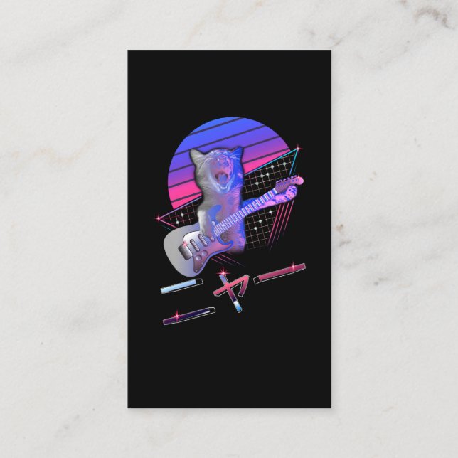 Electric Guitar Cat Vaporwave 80s 90s Music Lover Business Card (Front)
