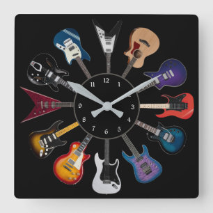 Electric Guitar Circle Black Square Wall Clock