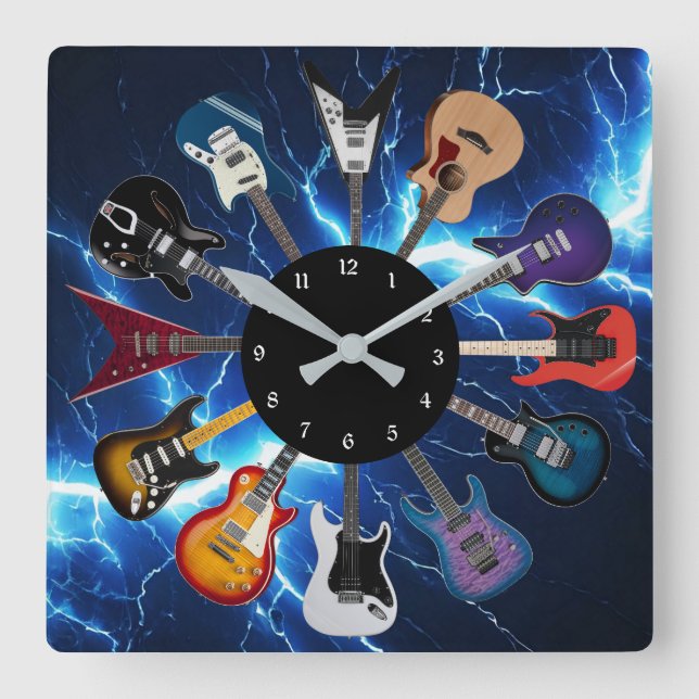 Electric Guitar Circle Blue Lightning Square Wall Clock (Front)