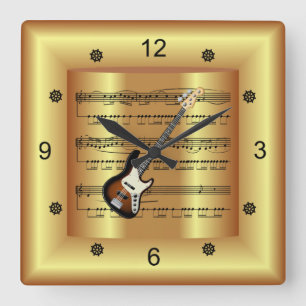 Electric Guitar~Curved Sheet Music~Gold Background Square Wall Clock