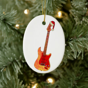 Electric Guitar Fire Art Festive Funny Santa Hat Ceramic Tree Decoration