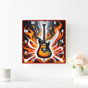 Electric guitar ignites in a blaze of colours square wall clock