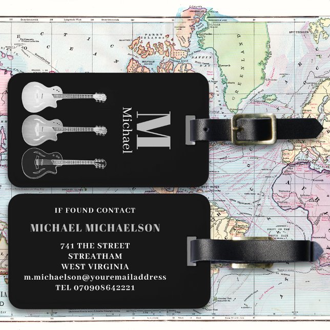 Electric Guitar Modern Personalised Luggage Tag (Electric guitar black and gray monogram custom travel luggage tag guitarists musicians music lovers)