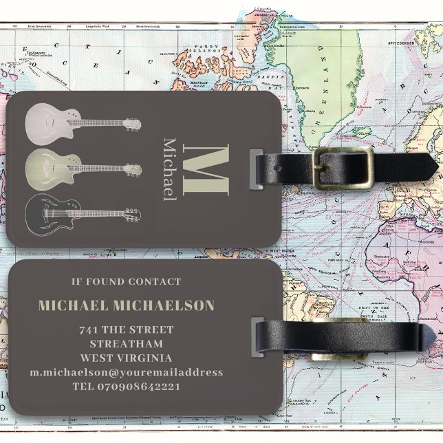 Electric Guitar Monogram Luggage Tag (Electric guitar gray monogram custom travel luggage tag for guitarist musician )
