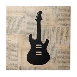 Electric Guitar Music Art with Newspaper Text Tile