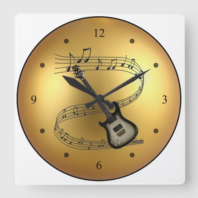 Electric Guitar ~ Musical Scroll ~ Golden Globe ~ Square Wall Clock (Front)