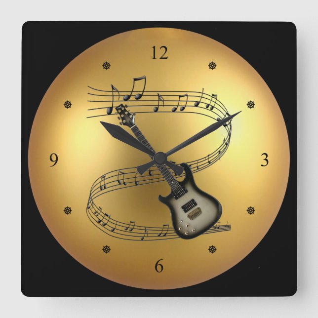 Electric Guitar ~ Musical Scroll ~ Golden Globe ~ Square Wall Clock (Front)