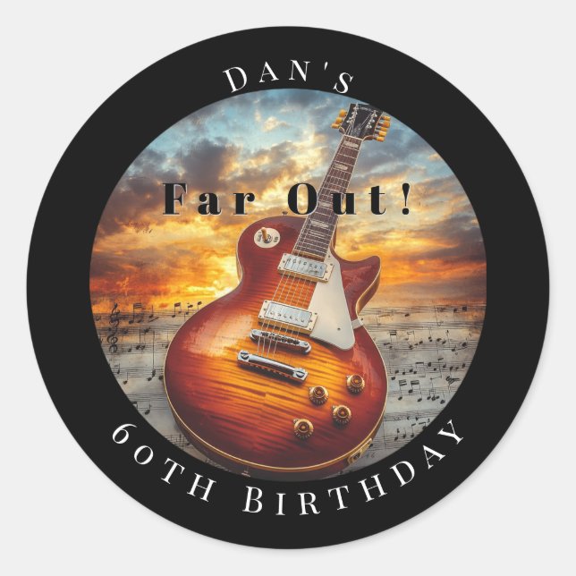 Electric Guitar Ocean Sunset Music Notes Classic Round Sticker (Front)