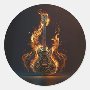 Electric guitar on fire classic round sticker