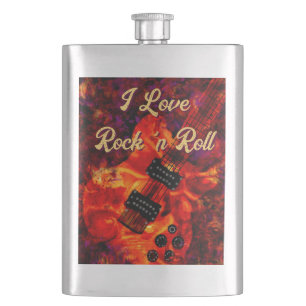 Electric Guitar on Fire Red Black Love Rock n Roll Hip Flask
