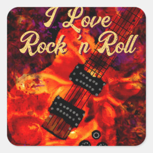 Electric Guitar on Fire Red Black Love Rock n Roll Square Sticker