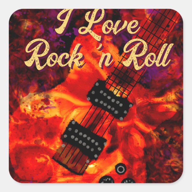 Electric Guitar on Fire Red Black Love Rock n Roll Square Sticker (Front)