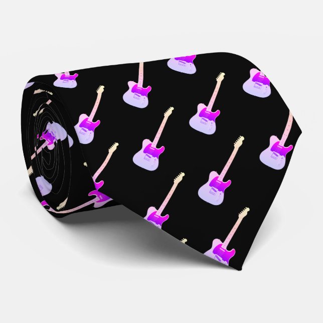 Electric Guitar Pattern Purple on Black Tie (Rolled)