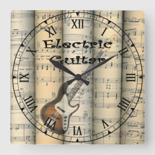 Electric Guitar ~ Rolled Vintage Sheet Music ~ Square Wall Clock