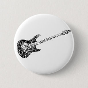 Electric Guitar Shaped Word Art Black Text 6 Cm Round Badge