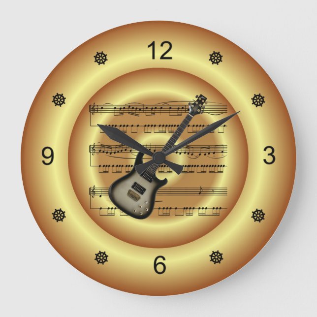 Electric Guitar ~ Sheet Music ~ Gold Background ~ Large Clock (Front)