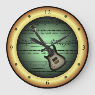 Electric Guitar~Sheet Music~Green/Gold Background~ Large Clock