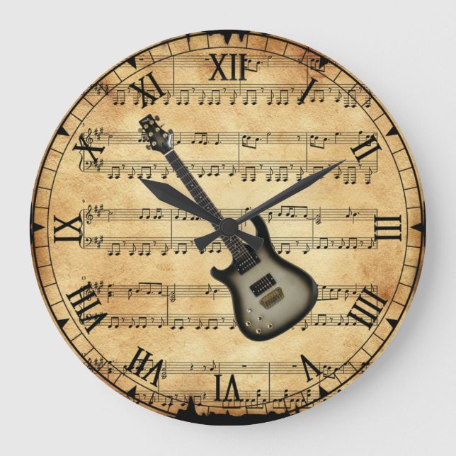 Electric Guitar ~ Vintage Sheet Music Background ~ Large Clock (Front)