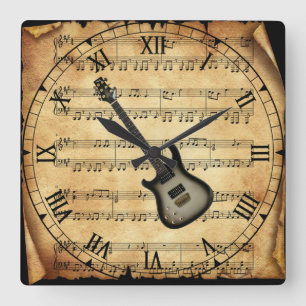 Electric Guitar ~ Vintage Sheet Music Background ~ Square Wall Clock