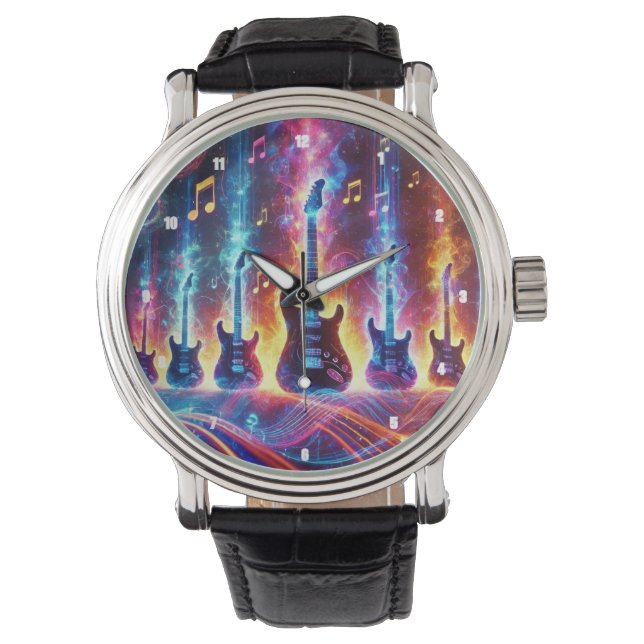 Electric Guitars Surrounded by Neon Music Notes Watch (Front)