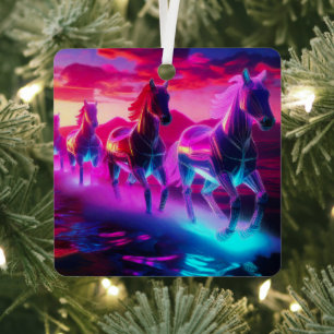 Electric Herd - Synthwave Horses Metal Tree Decoration