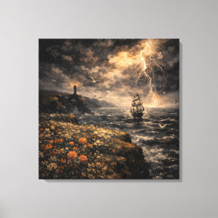 Electric Horizon: Stormy Lighthouse & Tall Ship Canvas Print